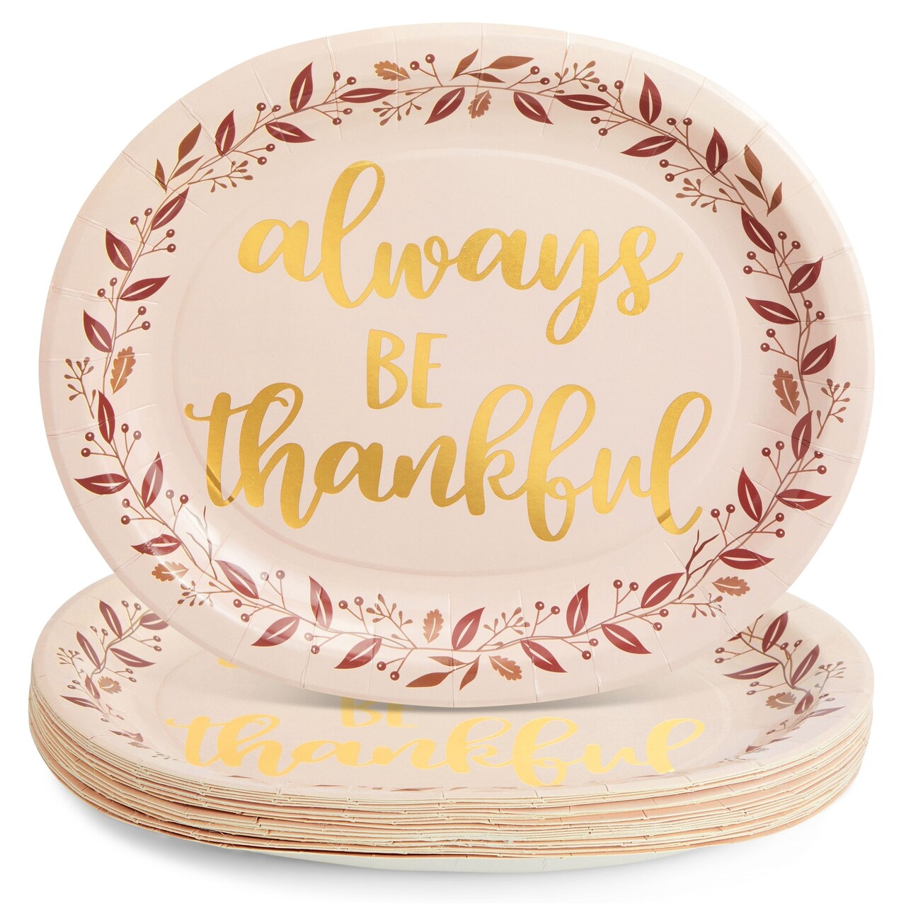 24-Pack Large Oval Thanksgiving Paper Plates, Heavy Duty Serving Plates  with Fall Leaves, Pink with Gold Foil (13x11 in)